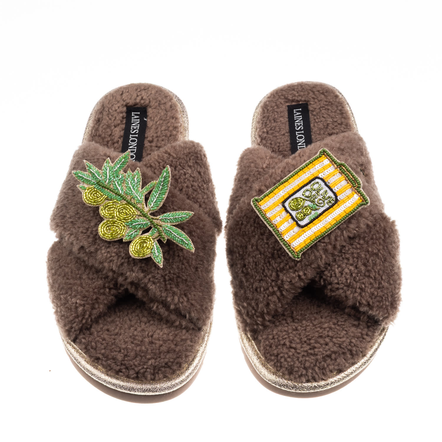 Laines London Women's Brown / Neutrals Laines Neutral Boucle Slippers With Olives & Olive Oil Brooches - Mink In Brown