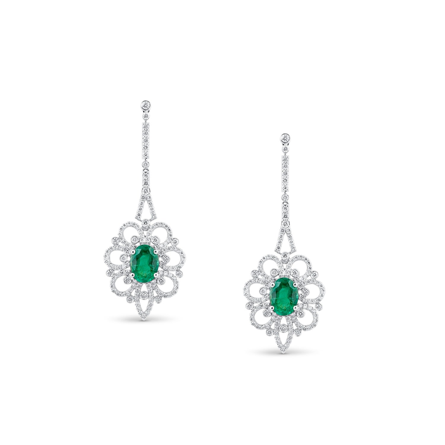 Women’s Emerald Oval And Diamond Earring In 18K White Gold Tresor Collection