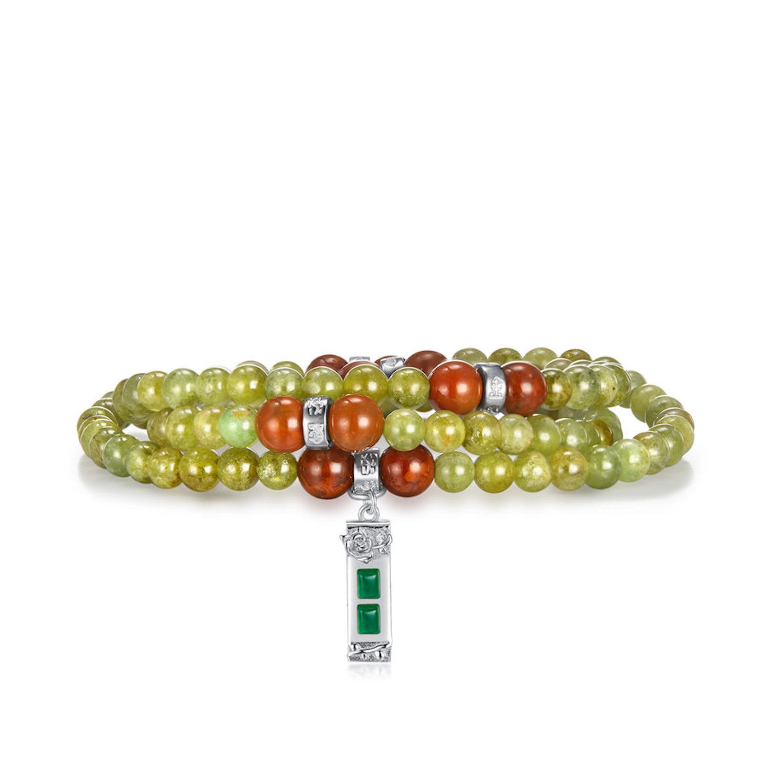 Aurozia Women's Five Elements Wood Sterling Silver Tsavorite Jade Life Tree With Flower Pendant Three Layere In Green