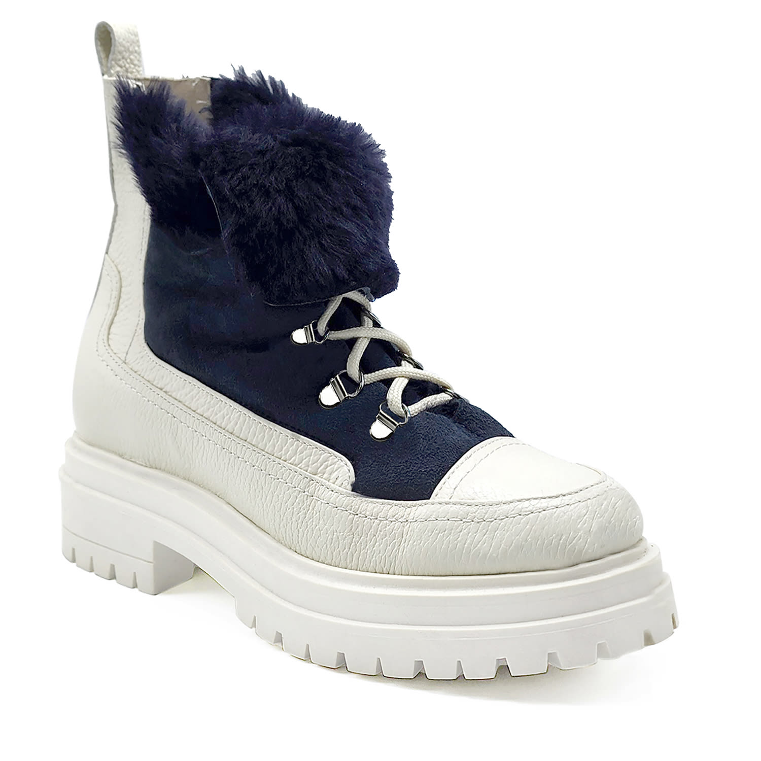 Beautiisoles By Robyn Shreiber Made In Italy Women's Blue / White Francy Navy Leather & Faux Fur Comfortable Hiking Ankle Bootie In Blue/white
