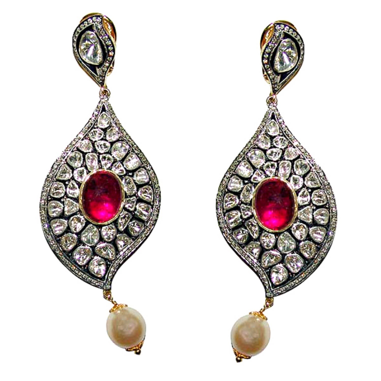 Artisan Women's White / Pink / Purple Gold Ruby Pearl Diamond Sterling Silver Dangle Earrings In Burgundy