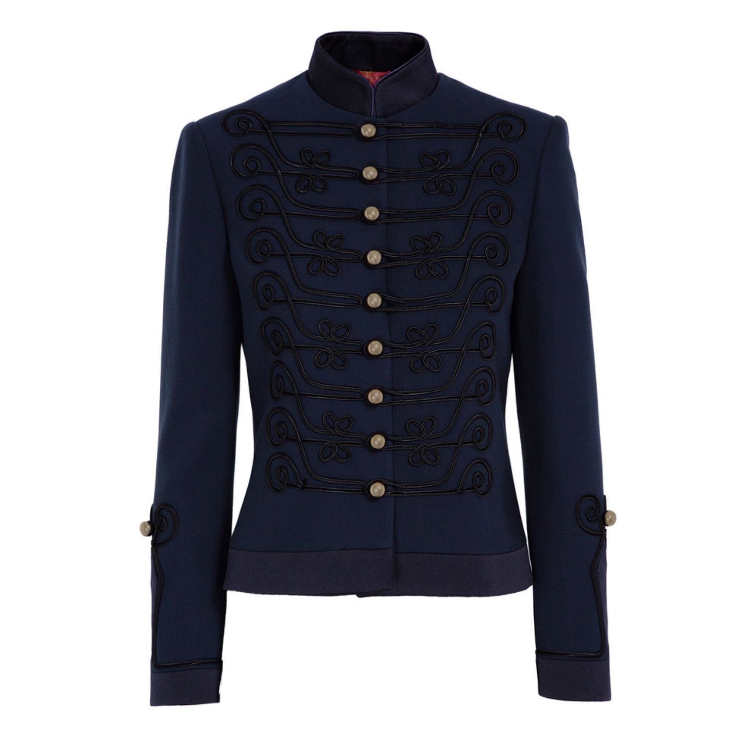 Women’s Blue Fitted Navy Premium Crepe Mao Collar Blazer With Golden Buttons Spezia Large The Extreme Collection