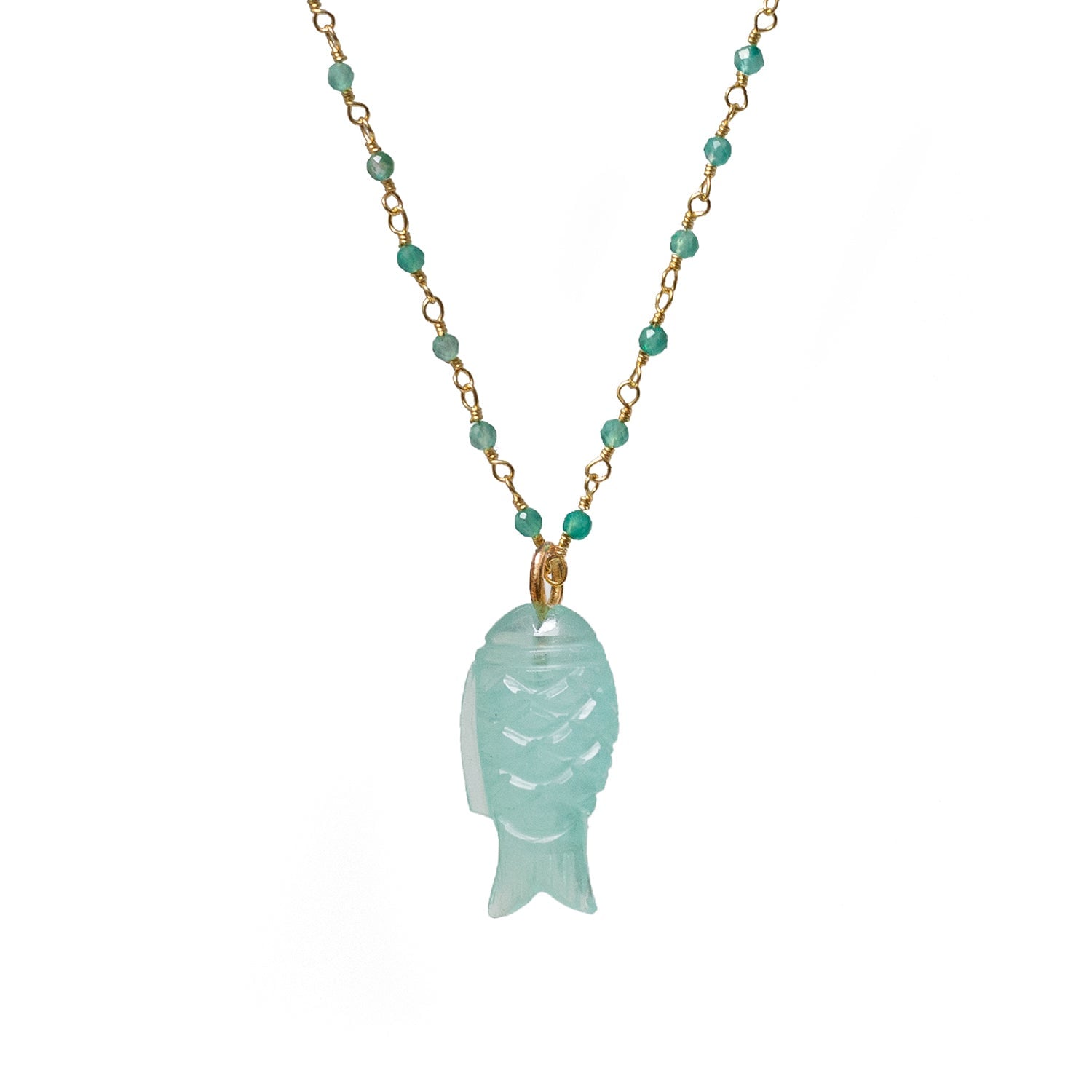 Mirabelle Jewellery Women's Green / Blue Hand Carved Aqua Chalcedony Fish On Short Green Onyx  Rosary