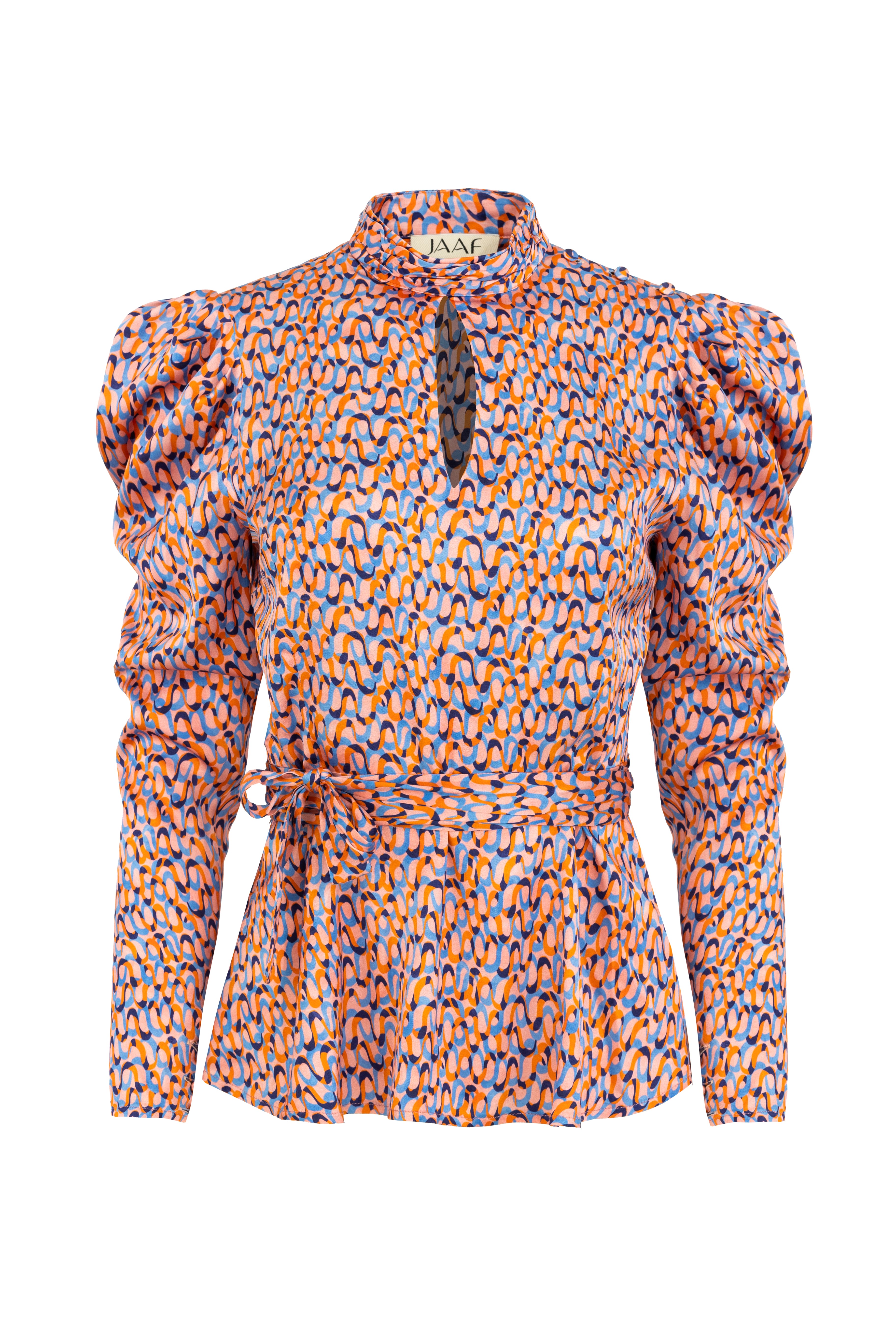 Jaaf Turtleneck Cutout Blouse In Groovy Print In Pink/purple/red