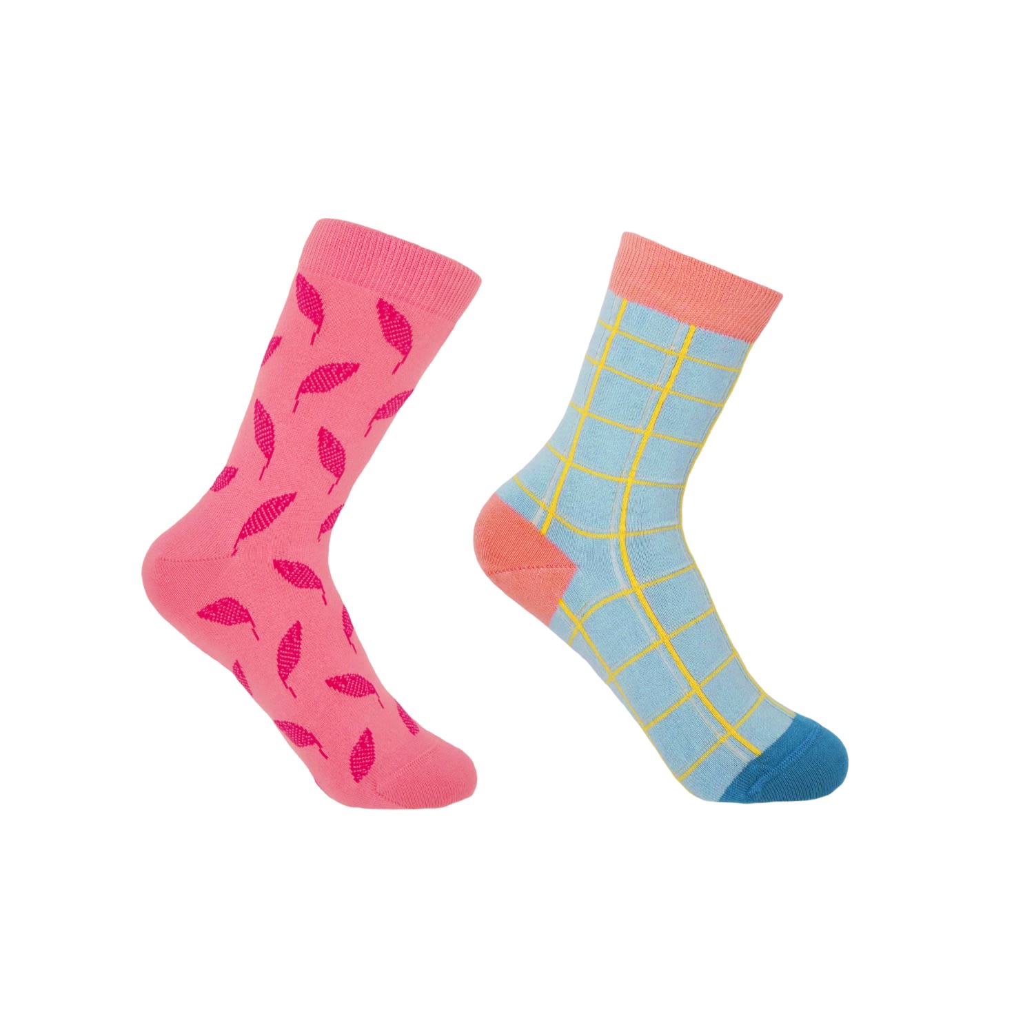 Pink Leaf & Blue Grid Women’s Socks Two Pack One Size Peper Harow - Made in England