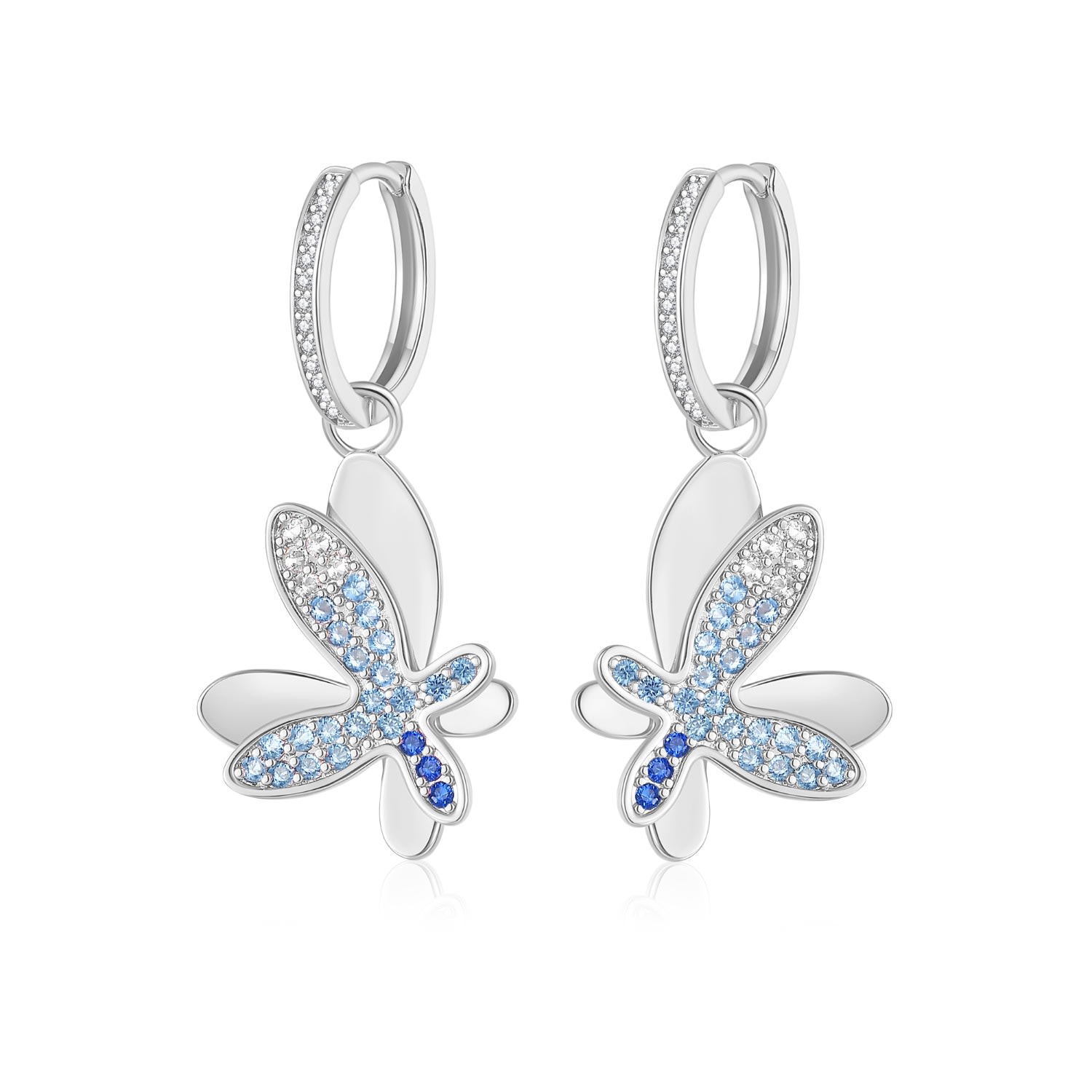 Shop Classicharms Women's Silver Gradient Blue Pavé Diamond Butterfly Dangle Drop Hoop Earrings