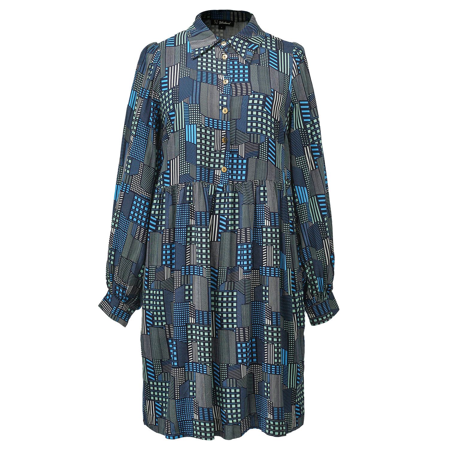 Women's Blue Graphic Print Shirt-Dress