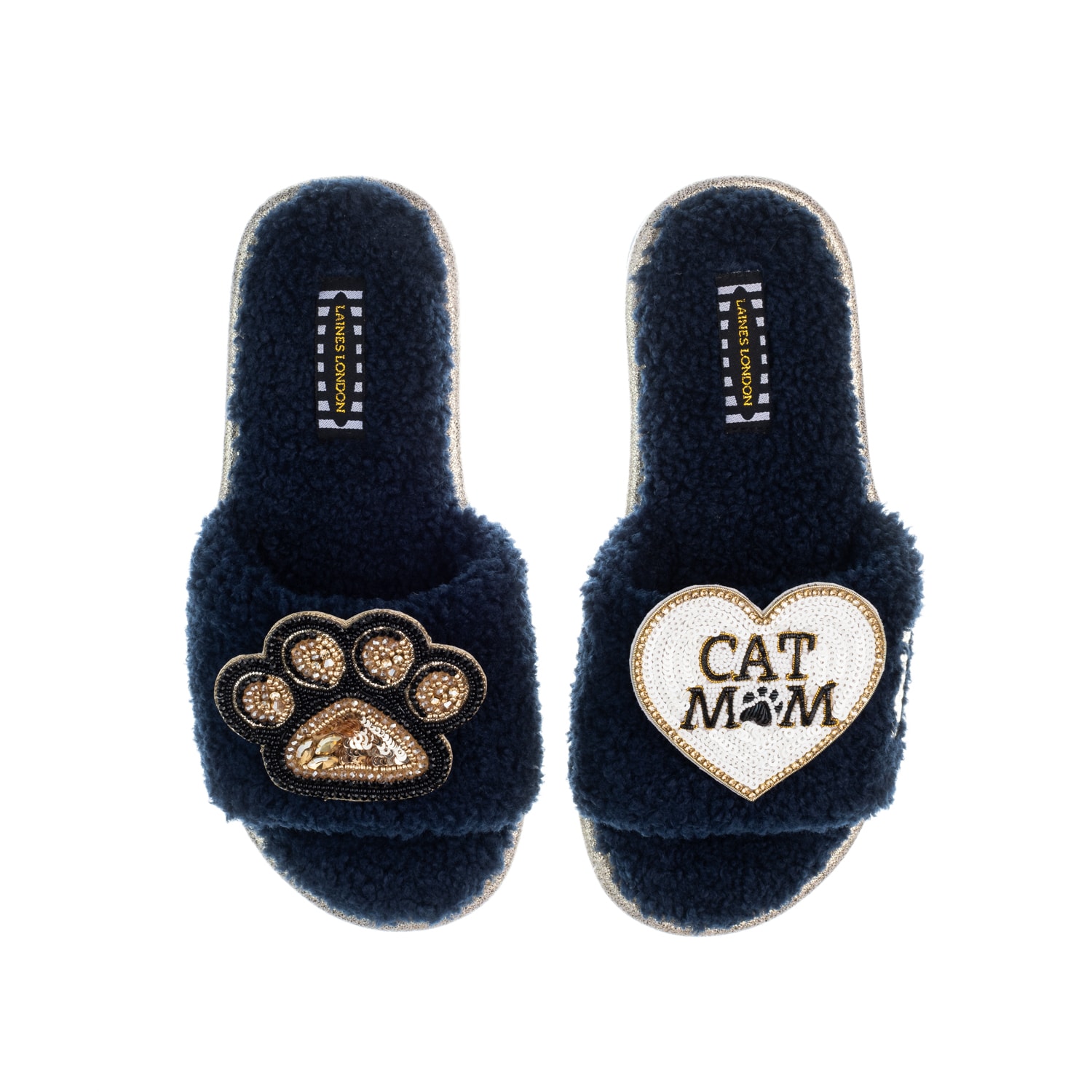 Laines London Women's Blue Teddy Toweling Slippers With Paw & Cat Mom / Mum Brooches - Navy