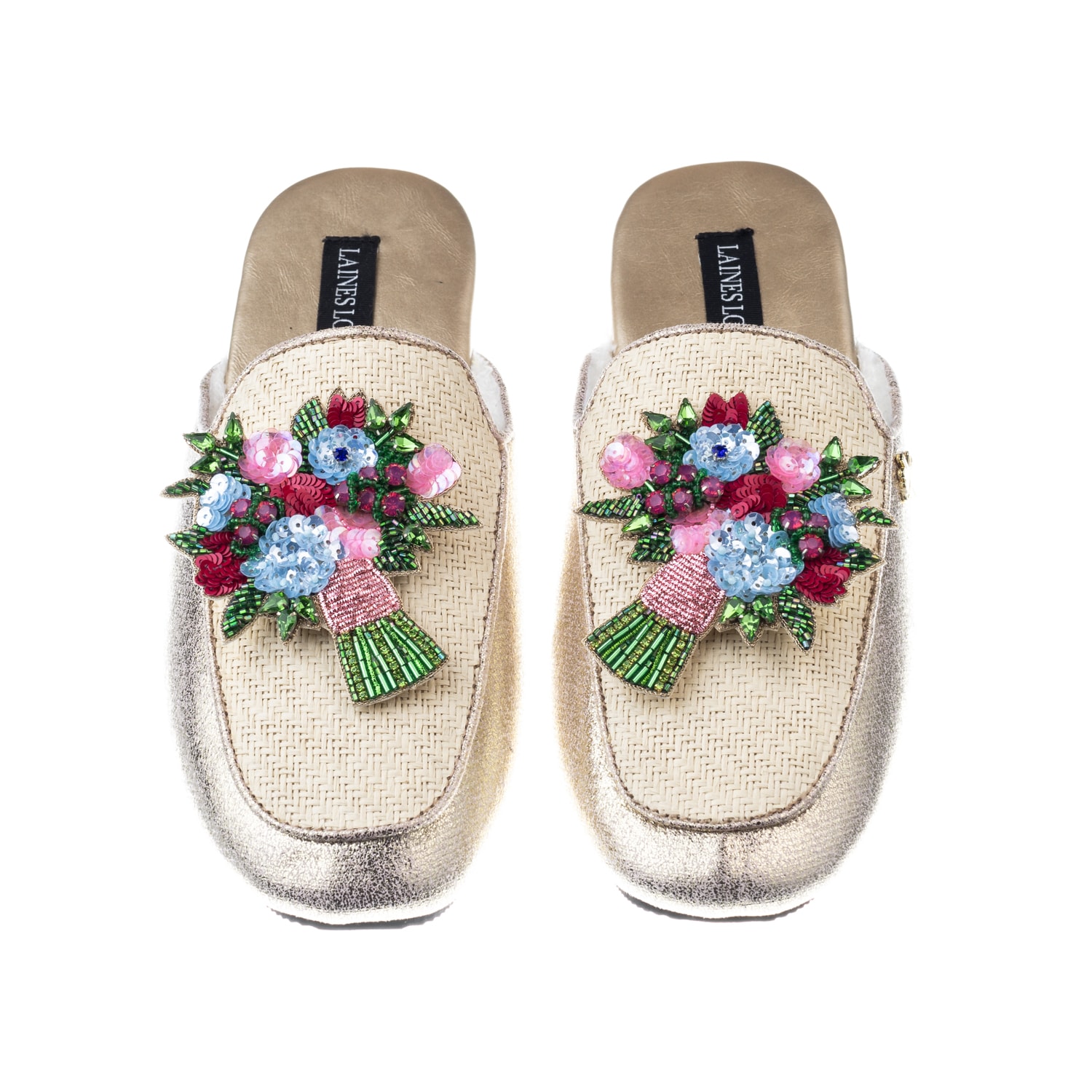 Women’s Gold / Neutrals Classic Mules With Double Flower Bouquet Brooches - Cream & Gold Large Laines London