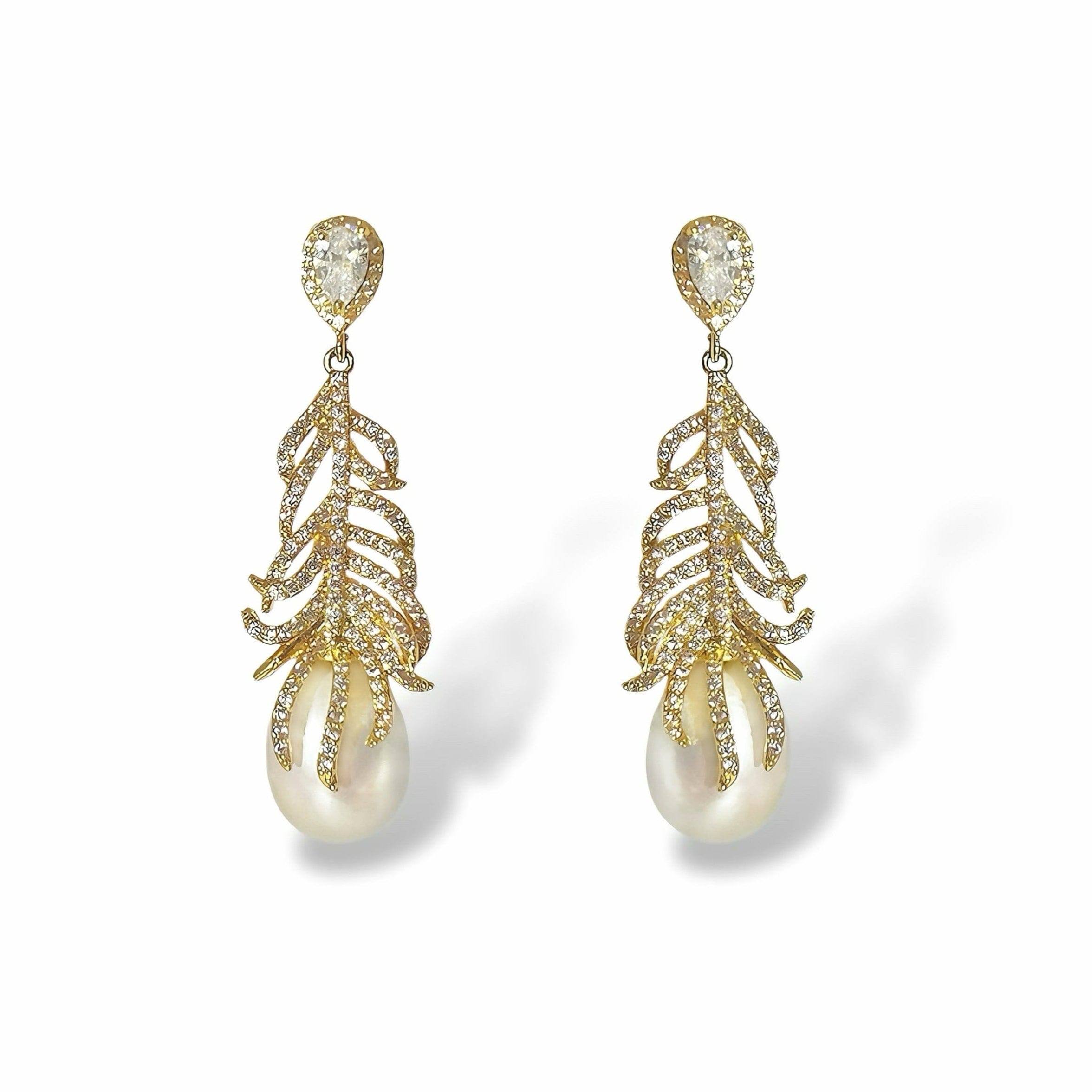 Ninemoo Women's Golden Feather Baroque Pearl Earrings