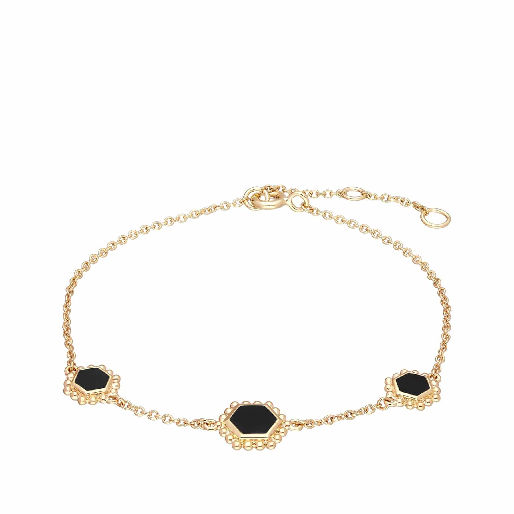 Women’s Black Onyx Flat Slice Chain Bracelet In Gold Plated Sterling Silver Gemondo