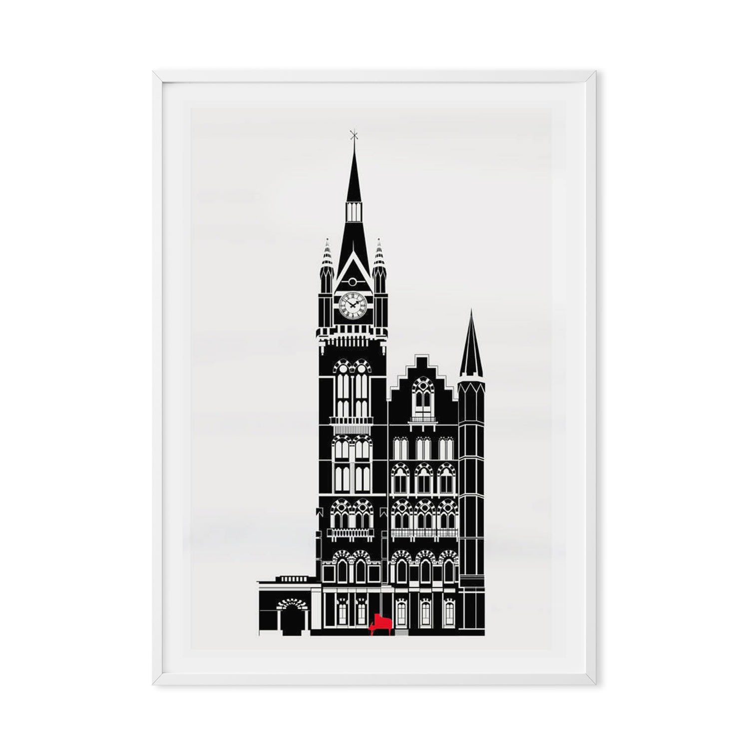 Black St. pancras & The Red Piano Illustrated Art Print A3 297 X 420Mm Eye for London Prints