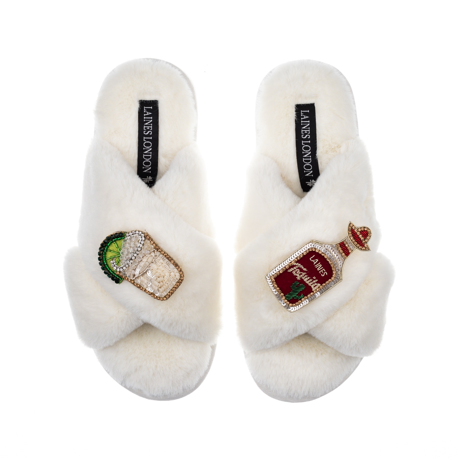 Women's White Classic Laines Slippers With Laines Tequila Slammer Brooches - Cream | Extra Large | Laines London