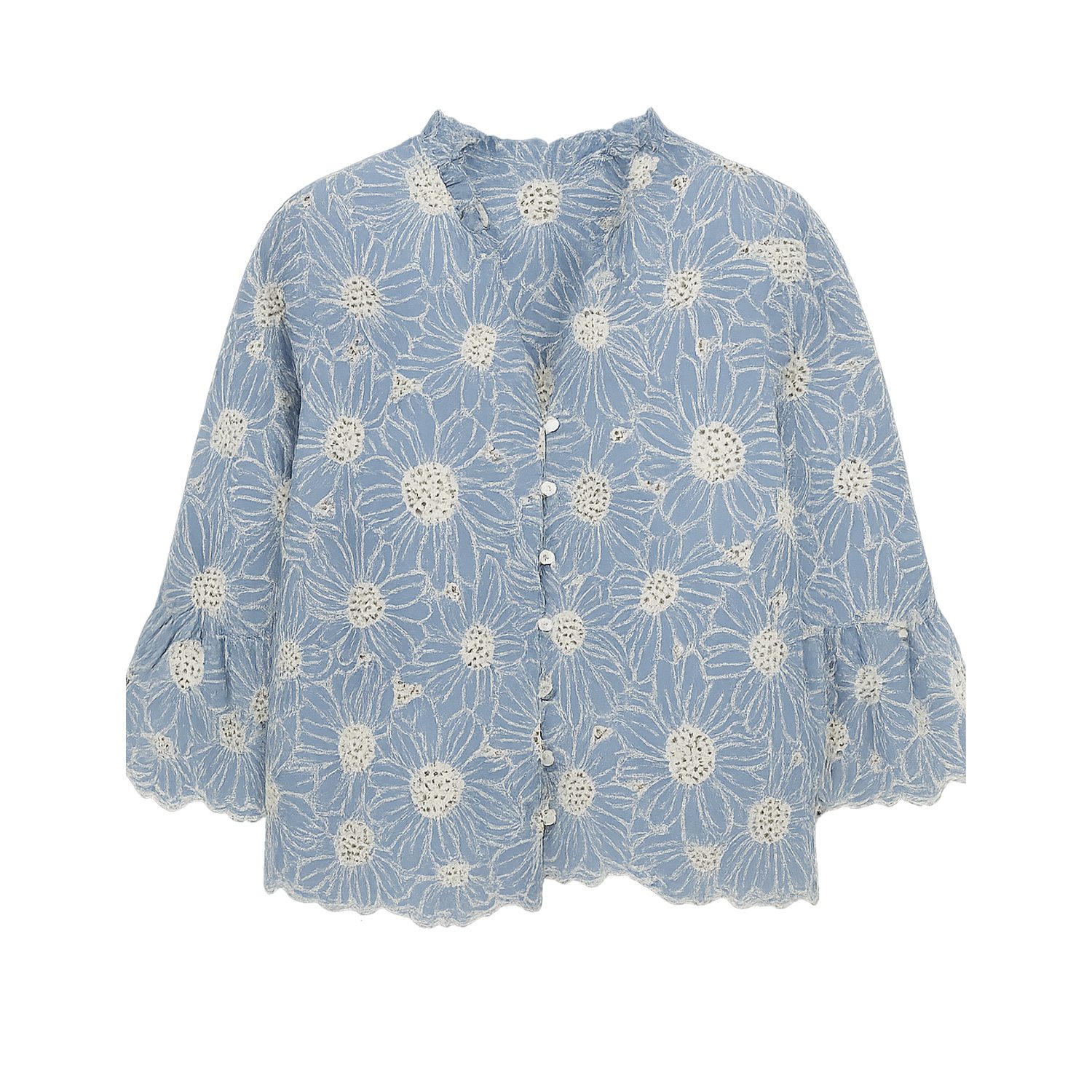 Yumi Women's  Blue Daisy Broderie Shirt With Fluted Sleeves In Blue