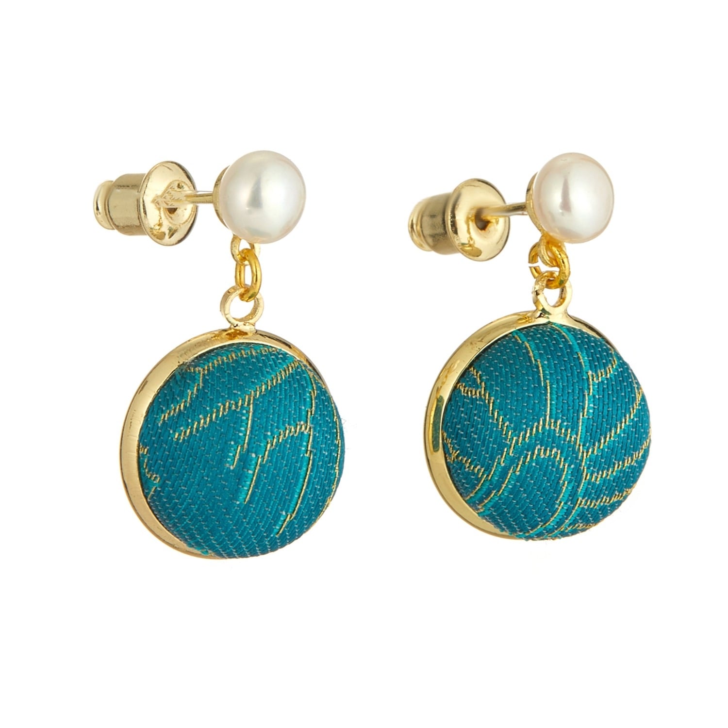 Soft Strokes Silk Women's Blue / Green Pure Silk Brocade Earrings With Freshwater Pearls