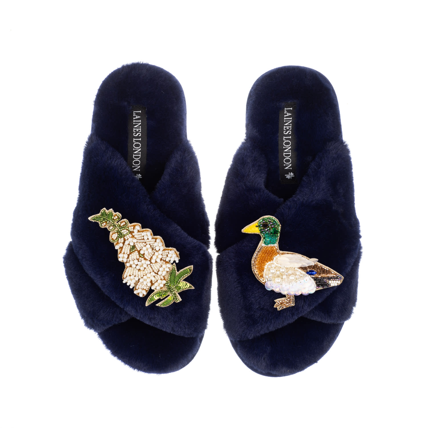 Laines London Women's Blue Classic Laines Slippers With White Foxglove Flowers & Duck Brooches - Navy In Blue