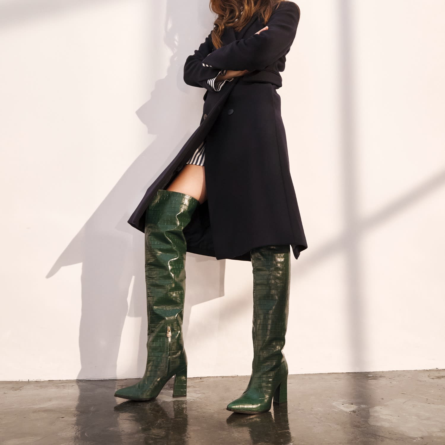 Roma Green Crocodile Print Over Knee Boots | Rosamund Muir London