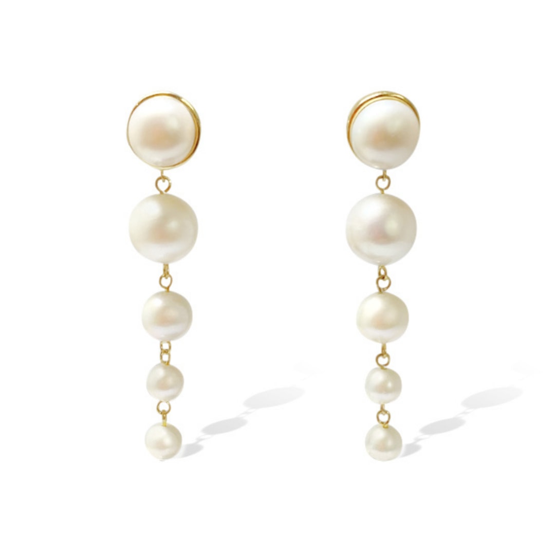 Women’s Silver Perle 5 Drop Fresh Water Pearl & Yellow Gold Earrings Fv Jewellery