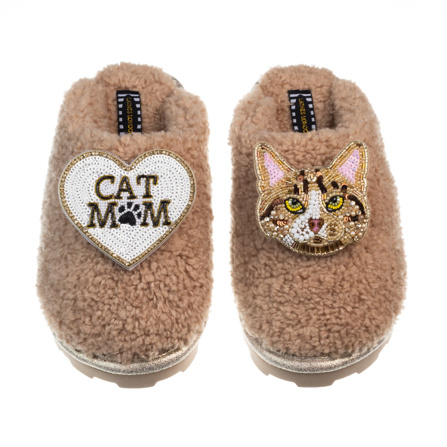Laines London Women's Neutrals / Brown Teddy Closed Toe Slippers With Tabby Cat & Cat Mum / Mom Brooches - Toffee In Brown