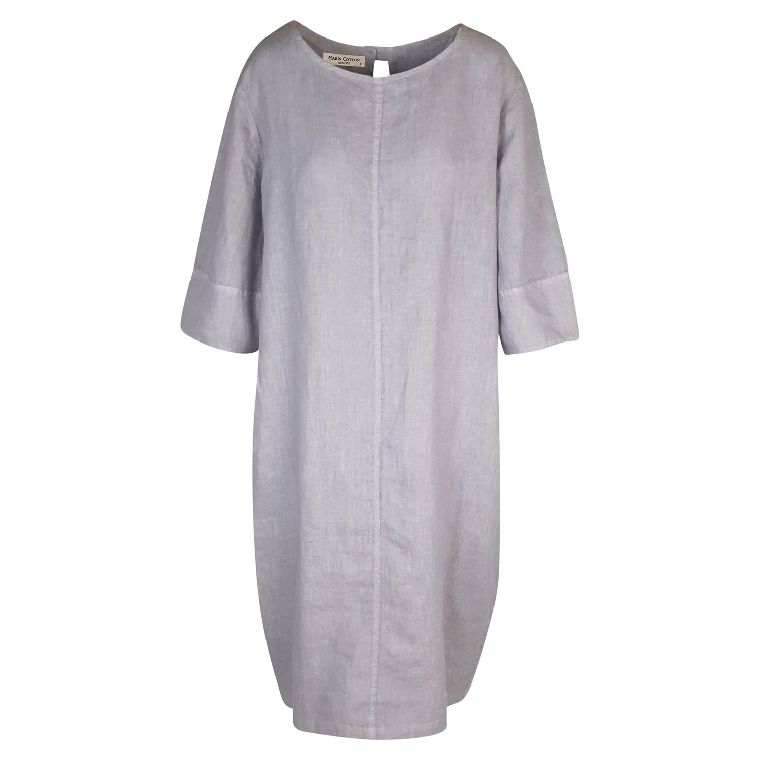 Women’s Keyhole Neckline Midi Linen Dress With Three Quarter Sleeve - Stone Grey Small Haris Cotton