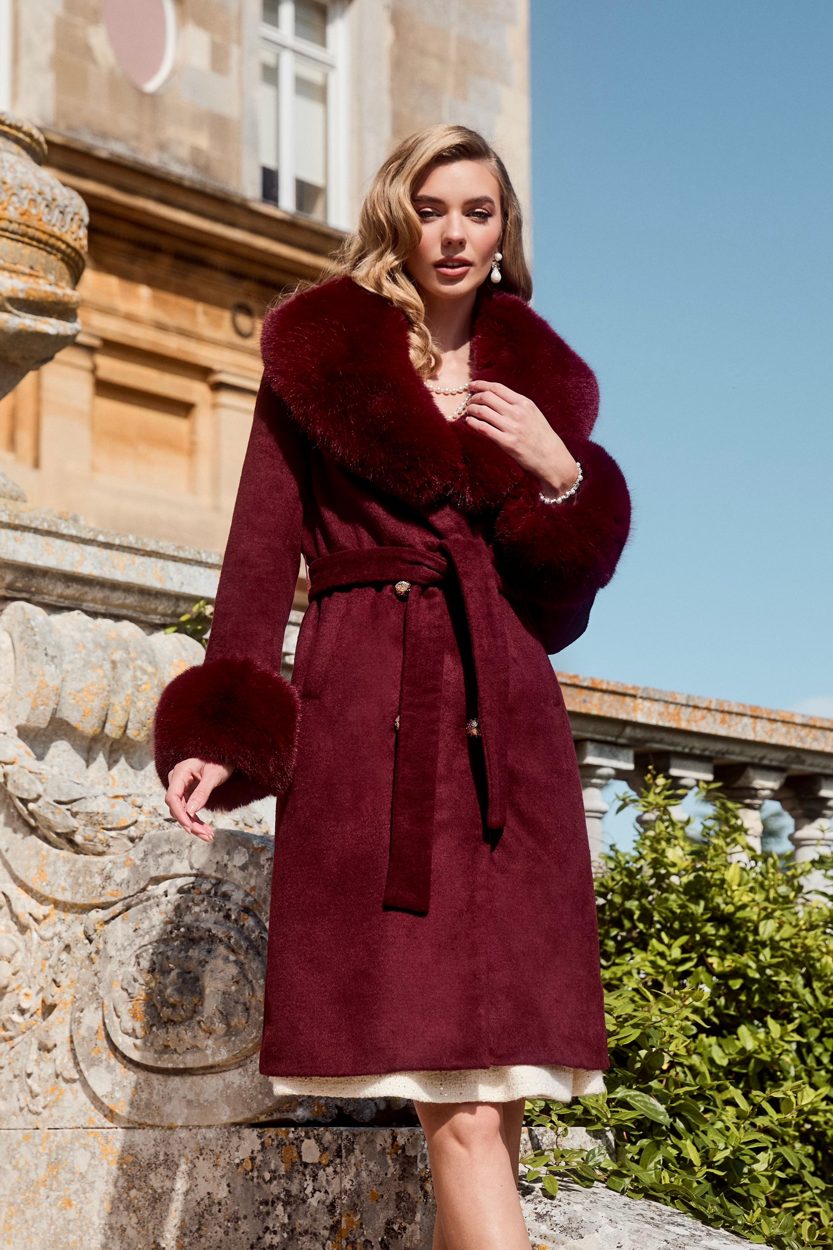 Marlene Cashmere & Wool Coat With Faux Fur In Rosso | Santinni