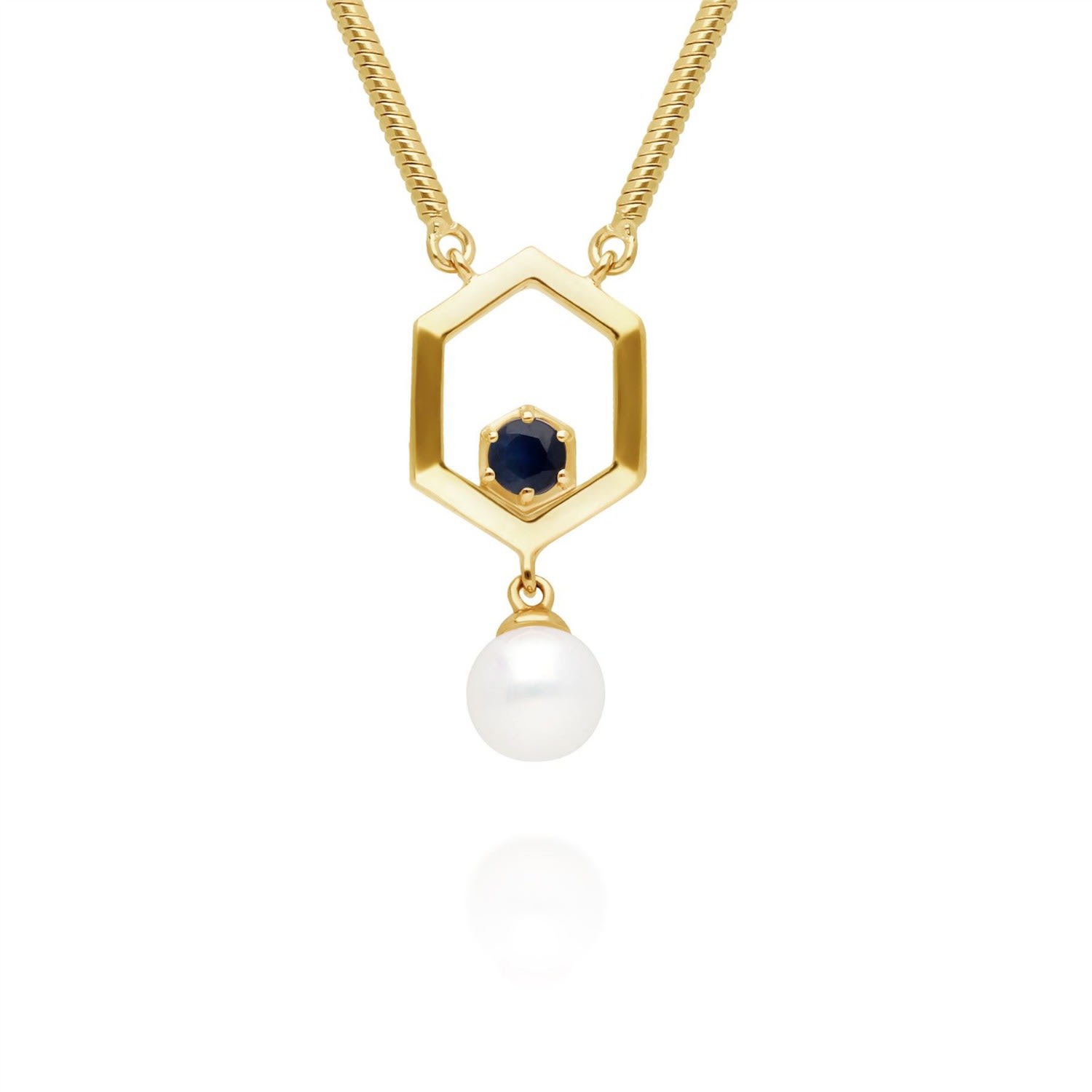 Women’s Blue Modern Pearl & Sapphire Hexagon Drop Necklace In Gold Plated Sterling Silver Gemondo