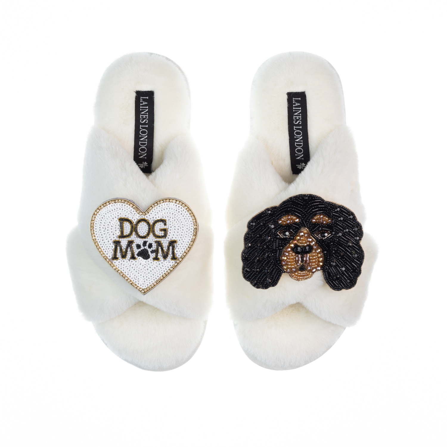Laines London Women's White Classic Laines Slippers With Louie The King Charles & Dog Mum / Mom Brooches - Cream In White