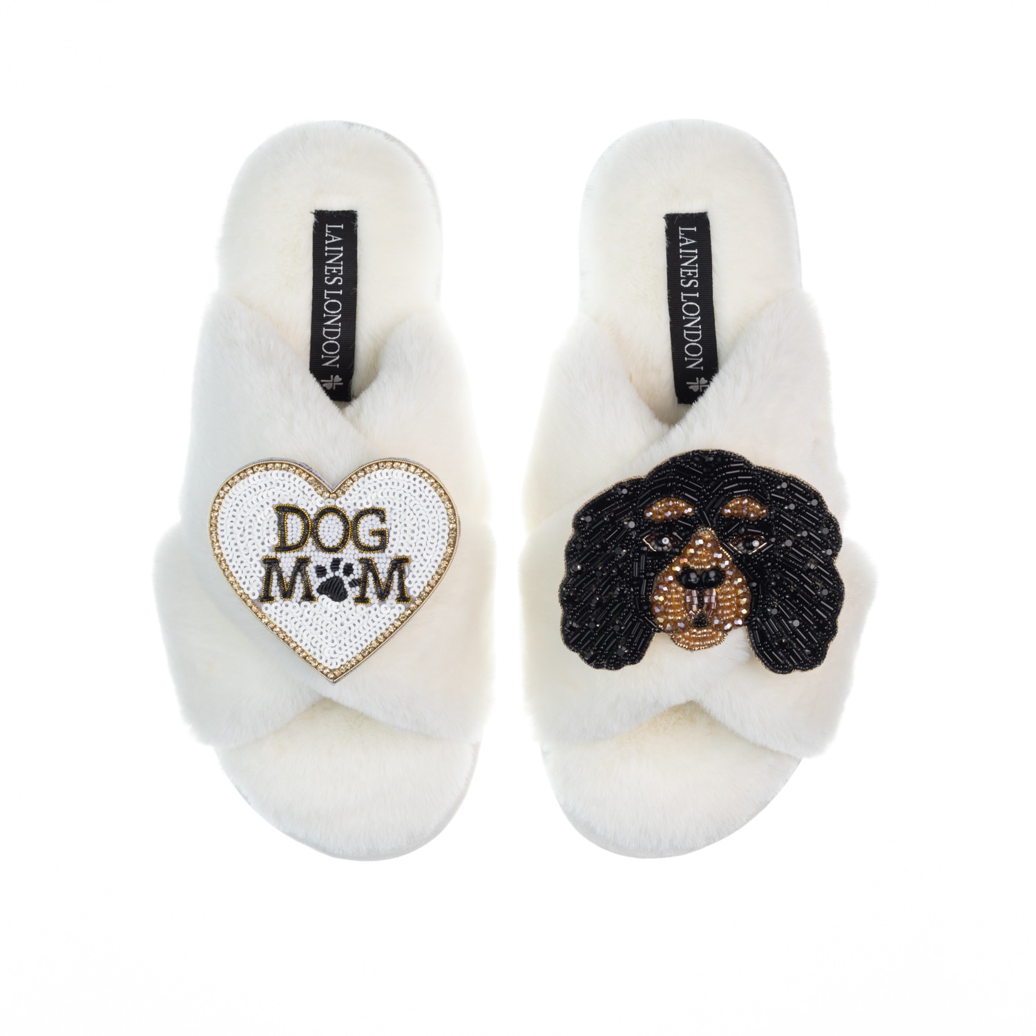 Women’s White Classic Laines Slippers With Louie The King Charles & Dog Mum / Mom Brooches - Cream Extra Large Laines London