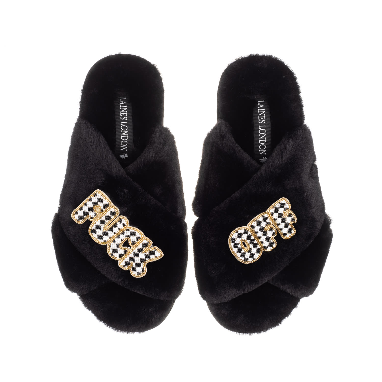 Laines London Women's Classic Laines Slippers With Chequered Fuck Off Brooches - Black In Black