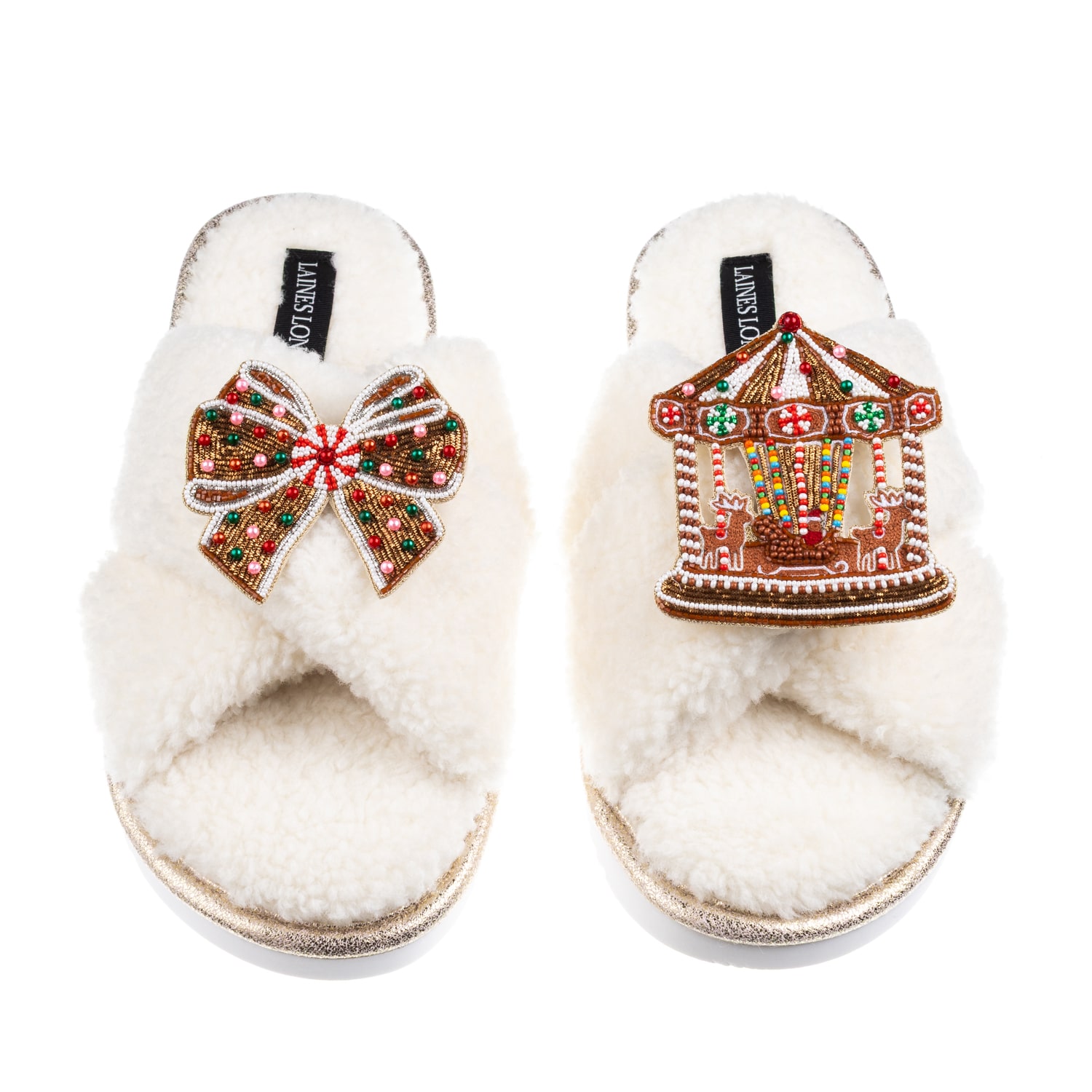 Laines London Women's Neutrals / White Laines Boucle Slippers With Christmas Gingerbread Bow & Carousel Brooches - In White