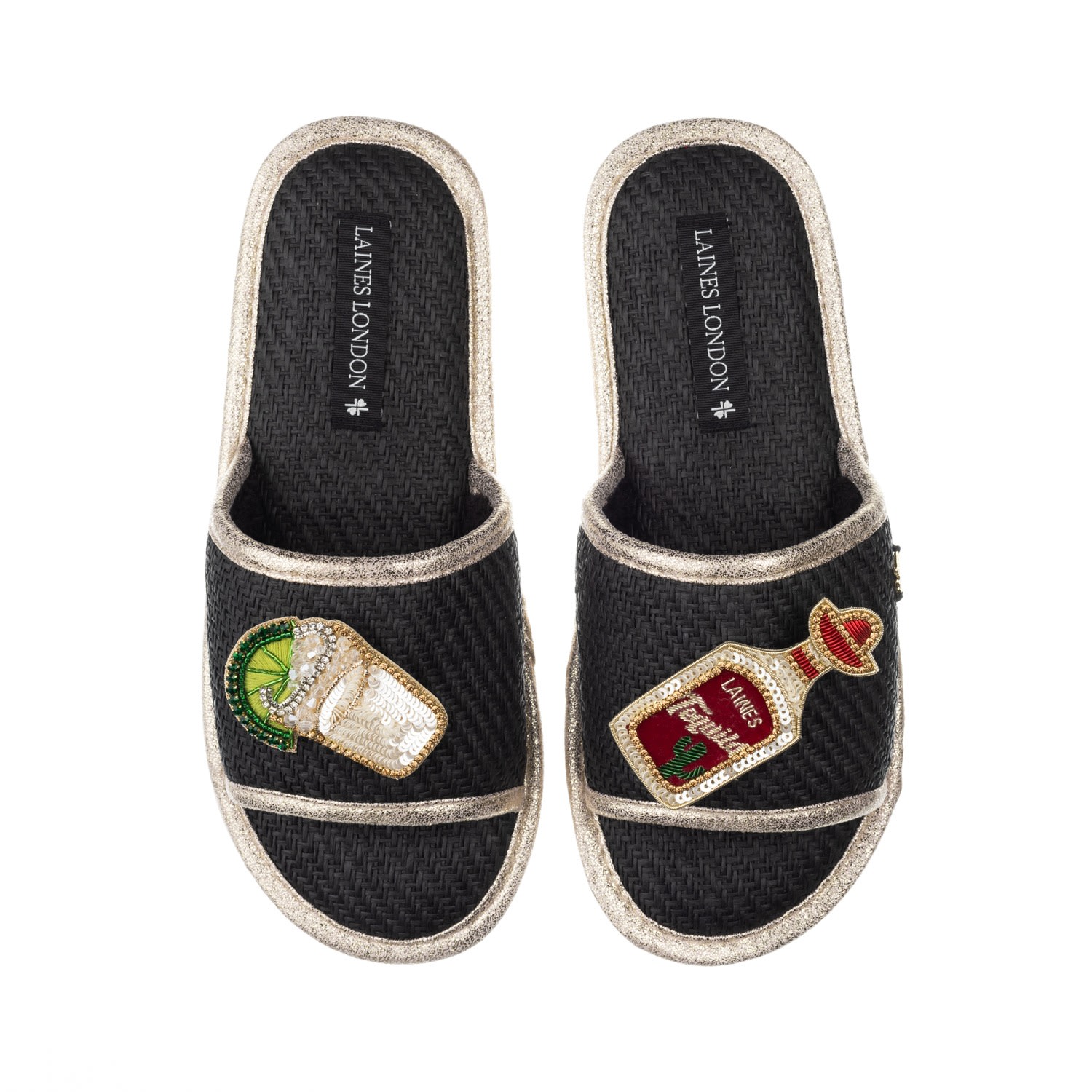 Women’s Straw Braided Sandals With Handmade Tequila Slammer Brooches - Black Small Laines London