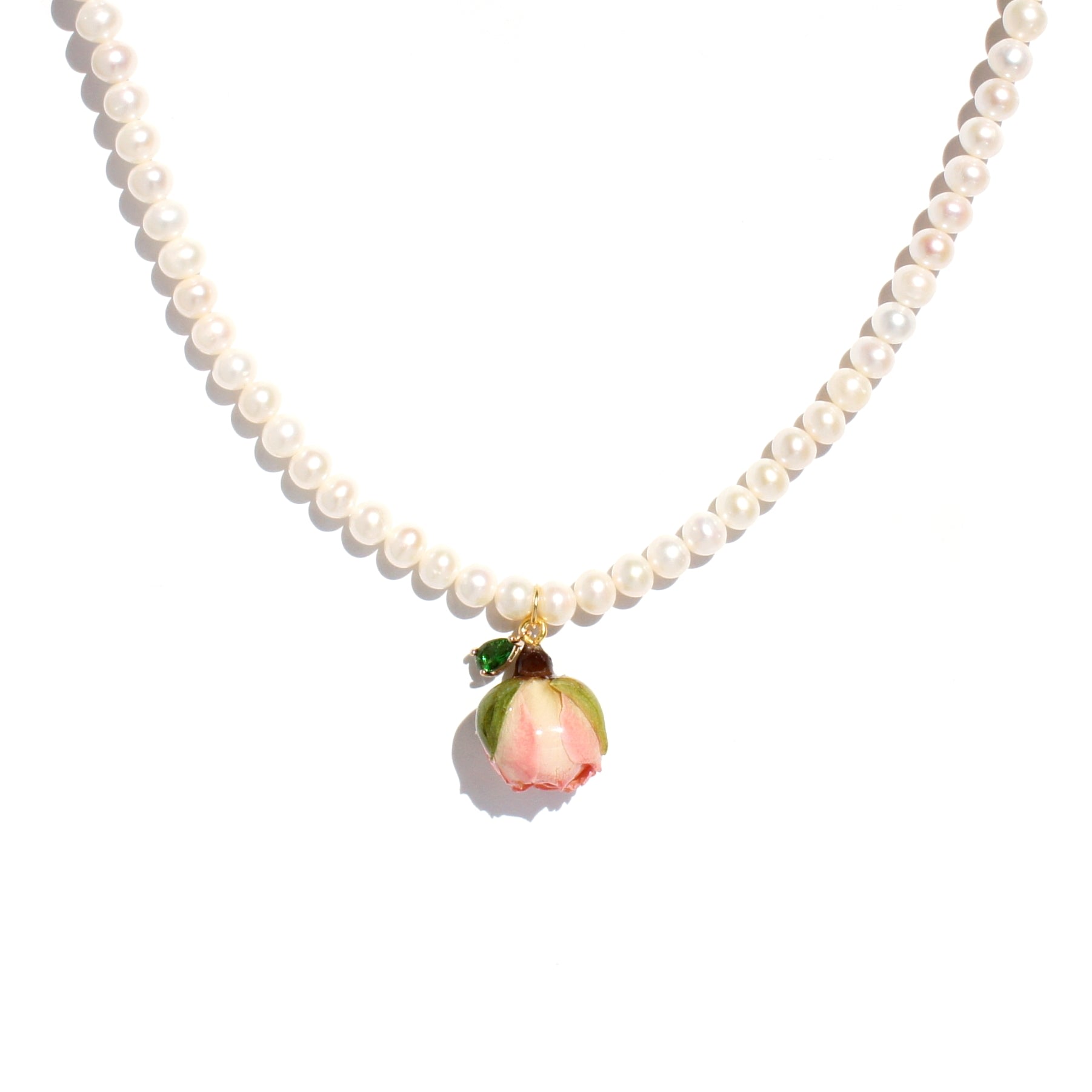 Women’s Pink / Purple Real Flower Bella Rosa Rosebud & Freshwater Pearl Necklace With Green Crystal I’mmany London