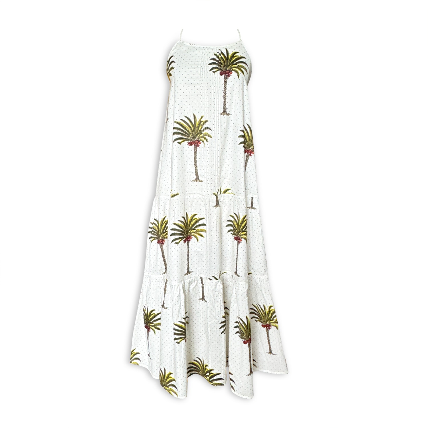 Pick Happy Women's Neutrals Pintuck Maxi Cotton Dress Green Palm Tree Polka Dots Ivory In Green/white