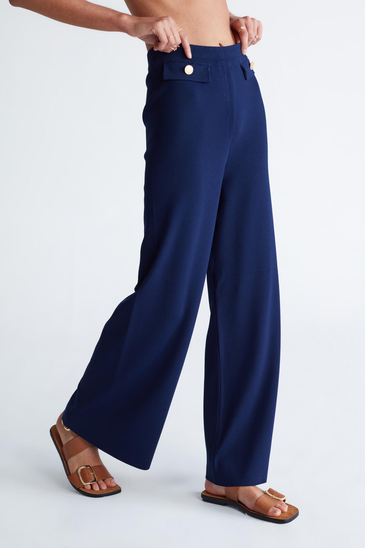 Marlene Trouser Button Detailed Knit Pants In Navy by Peraluna