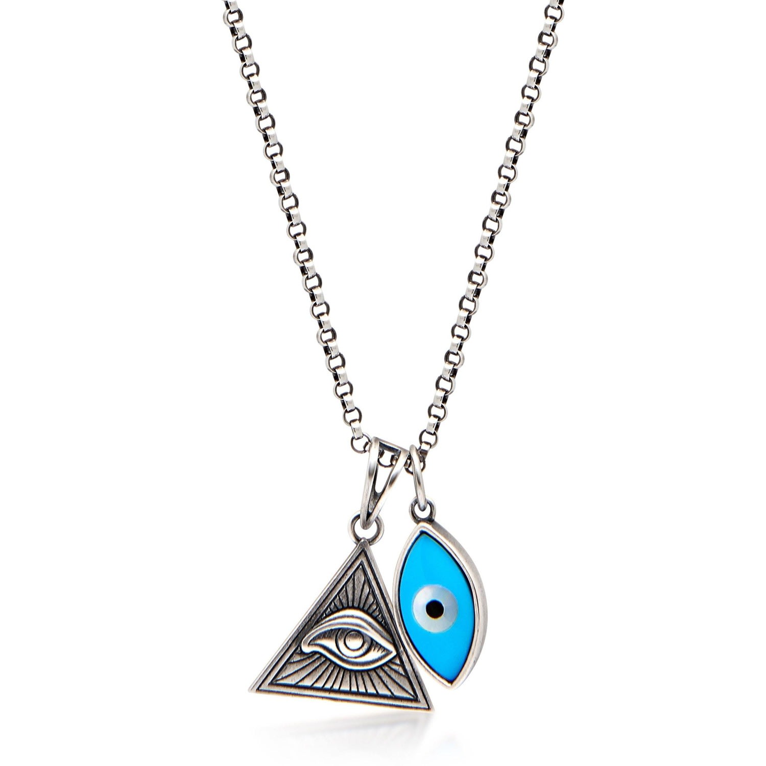 Nialaya Men's Silver Necklace With Turquoise Evil Eye & Eye Of Ra Pendant