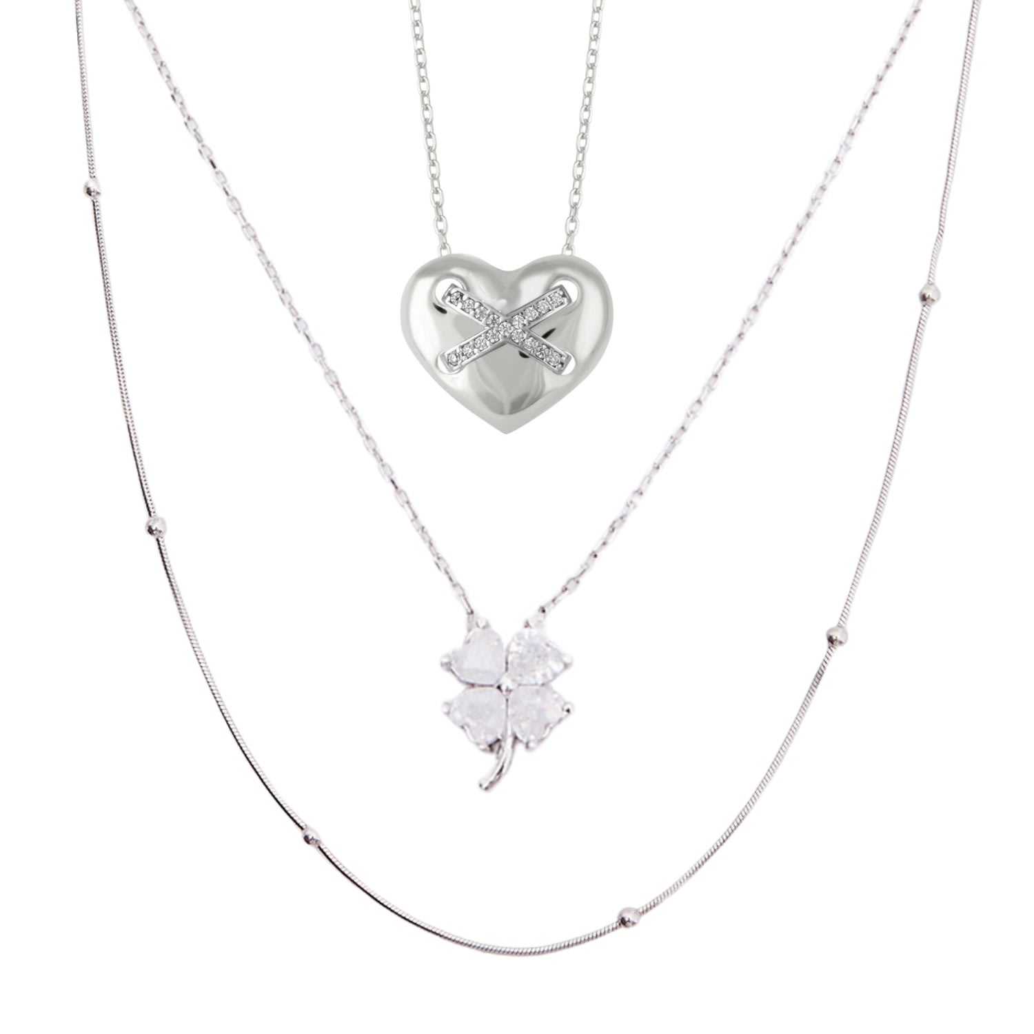 Women’s Heart X Italian Beaded White Clover Sterling Silver Stacking Necklace Layering Set - Silver Spero London