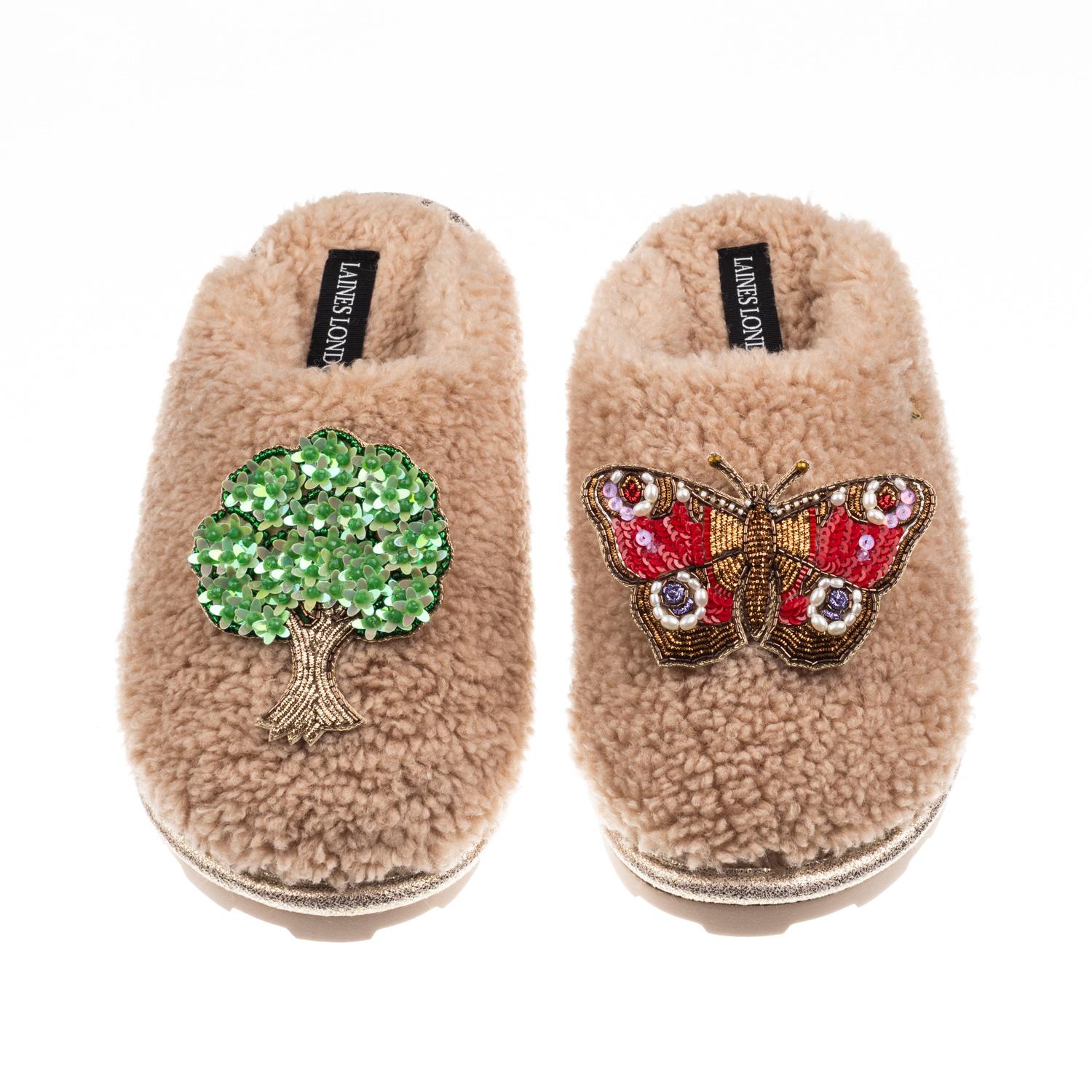 Laines London Women's Brown / Neutrals Teddy Closed Toe Slippers With Butterfly & Oak Tree Brooches - Toffee In Brown