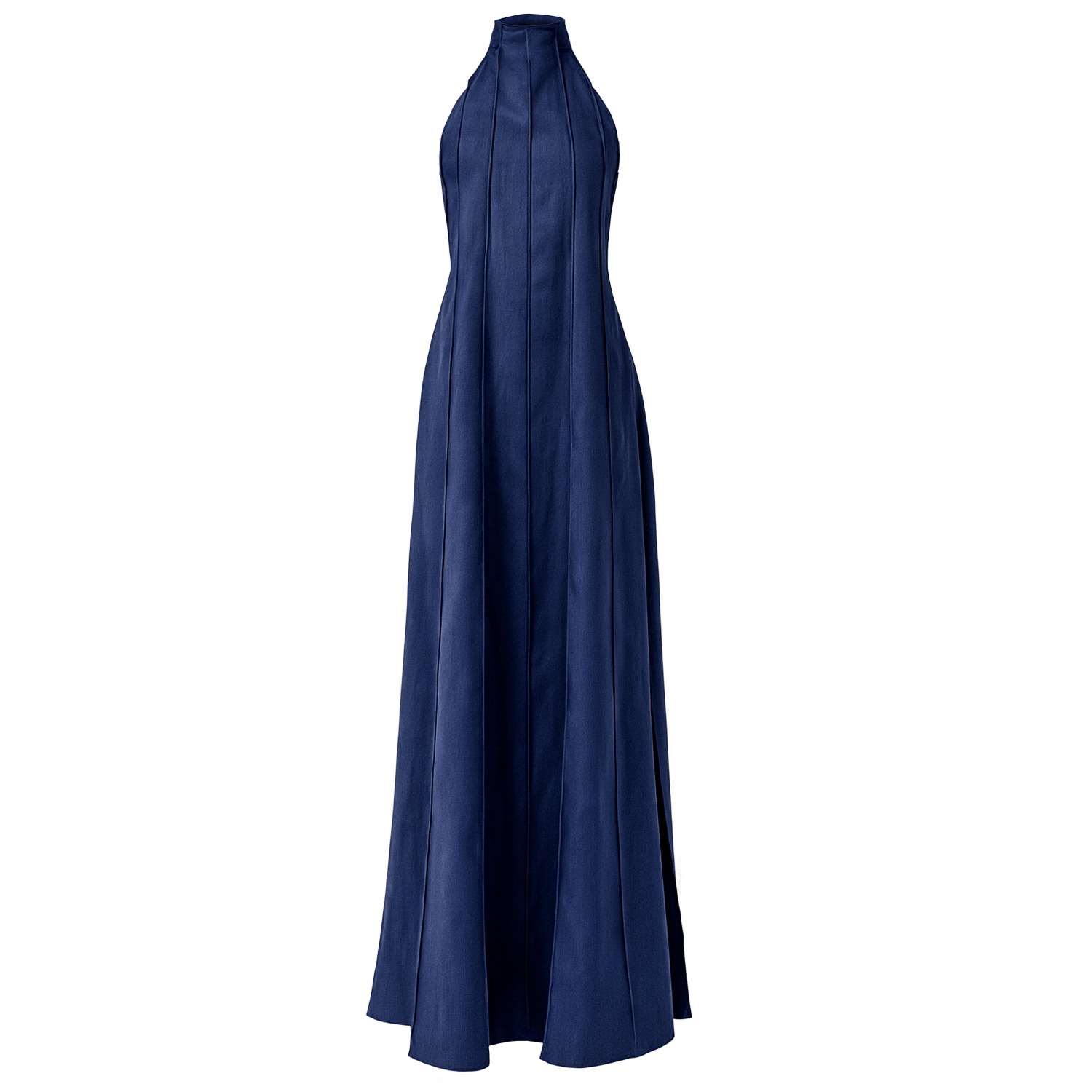 Kargede Women's Navy Blue Linen Maxi Dress – Pleated Designer Halter Gown In Blue