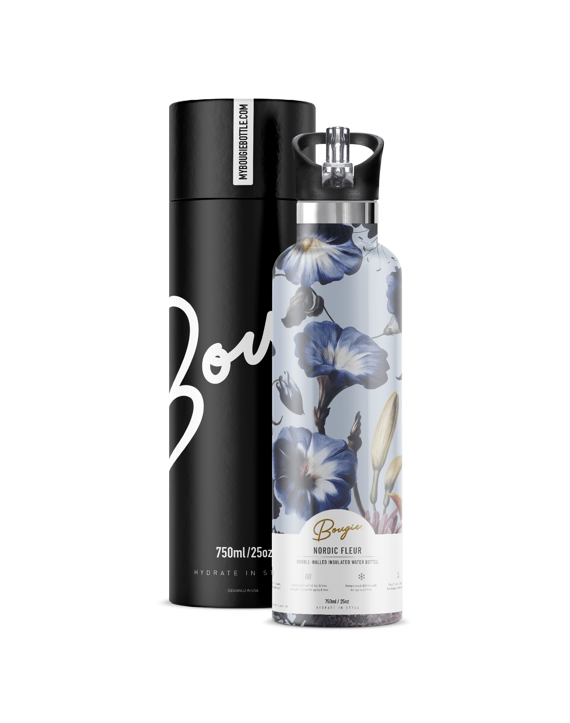 Women’s Blue Nordic Fleur Insulated Water Bottle With Flip ’N’ Sip Lid One Size My Bougie Bottle