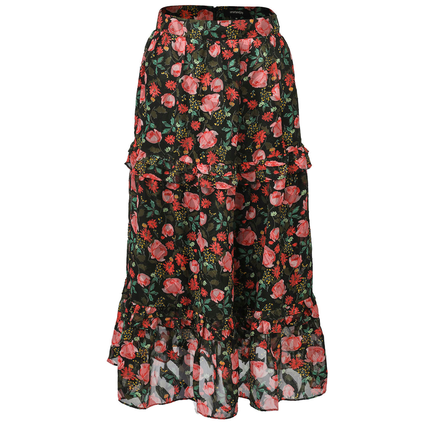 Smart And Joy Women's Flower Print Tiered Ruffles Midi Skirt -black