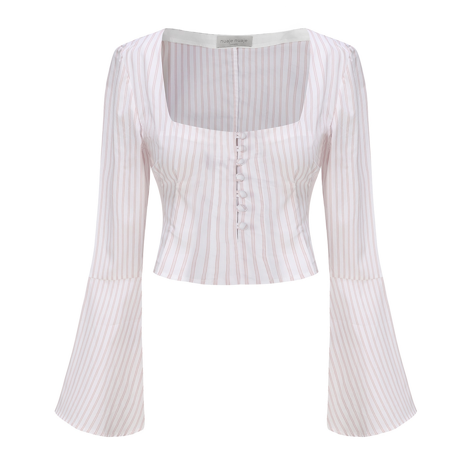 Nuaje Nuaje Women's White Lea Square Neck Flared Sleeve Top In Pinstripe Cotton In White