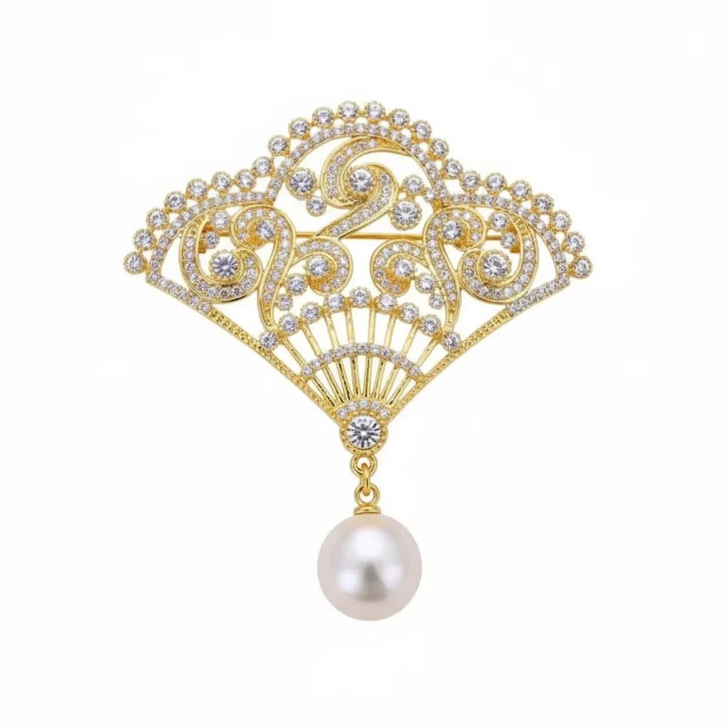 Women's Gold Natural Freshwater Pearl Fan Brooch With Zircon | Angel Barocco