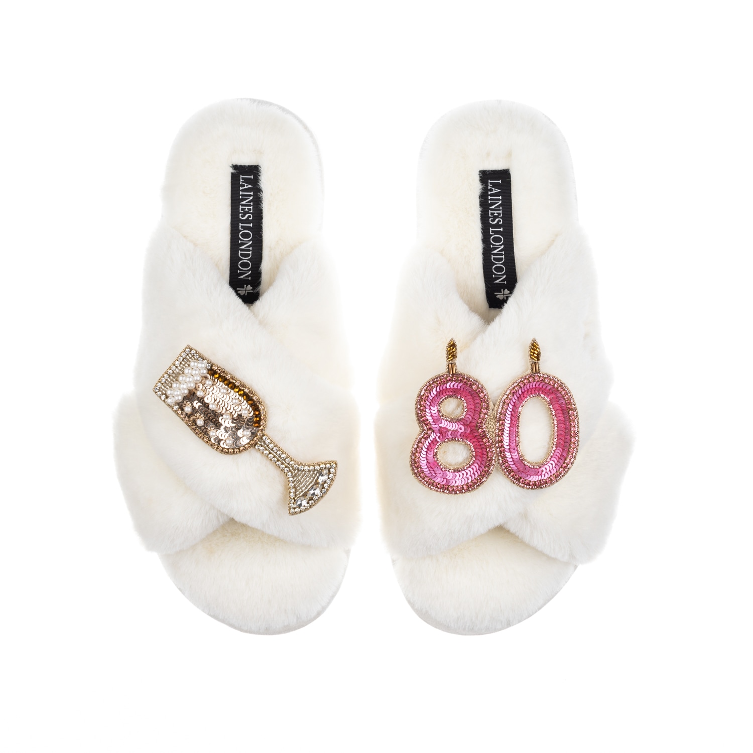 Laines London Women's White Classic Laines Slippers With 80th Birthday & Champagne Glass Brooches - Cream In White
