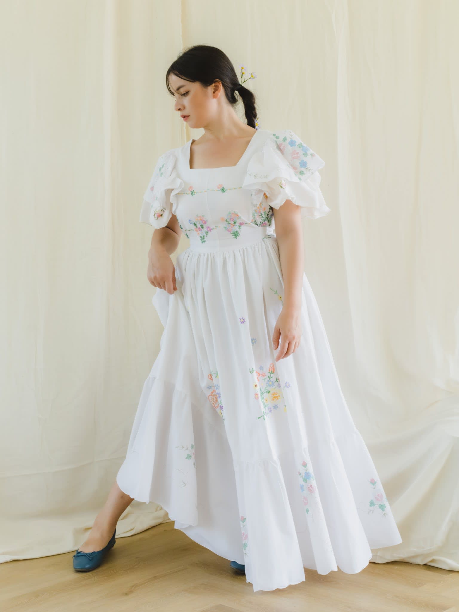 Upcycled Vintage Wildflower Embroidered Maxi Dress Sugar Cream