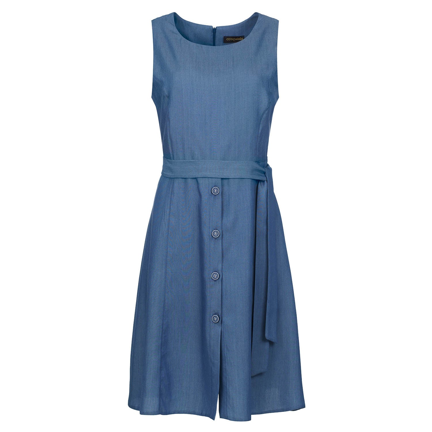 Conquista Women's Blue Sleeveless Dress With Belt & Button Detail In Blue