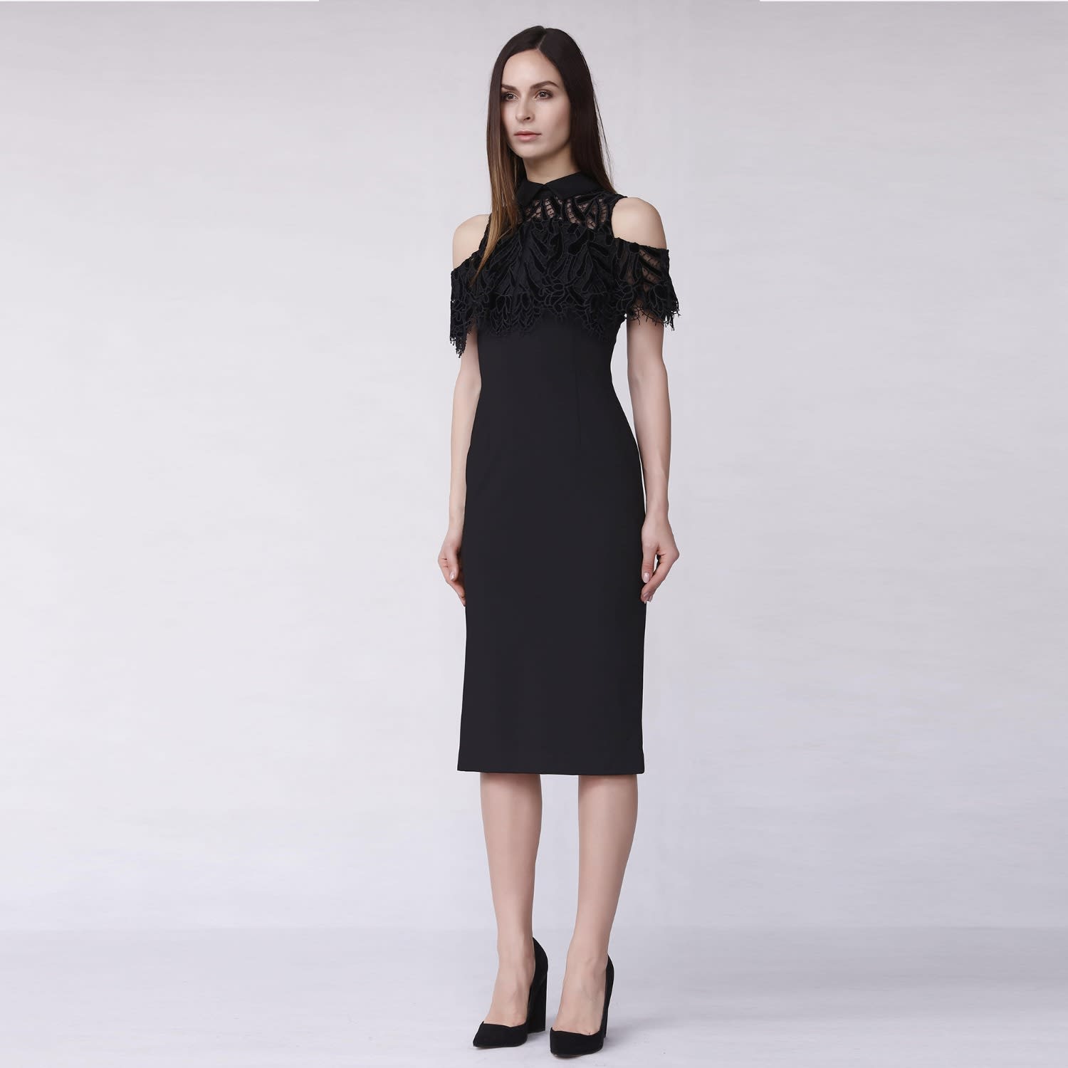 Lace On Top Cold Shoulders Fitted Dress by Smart and Joy