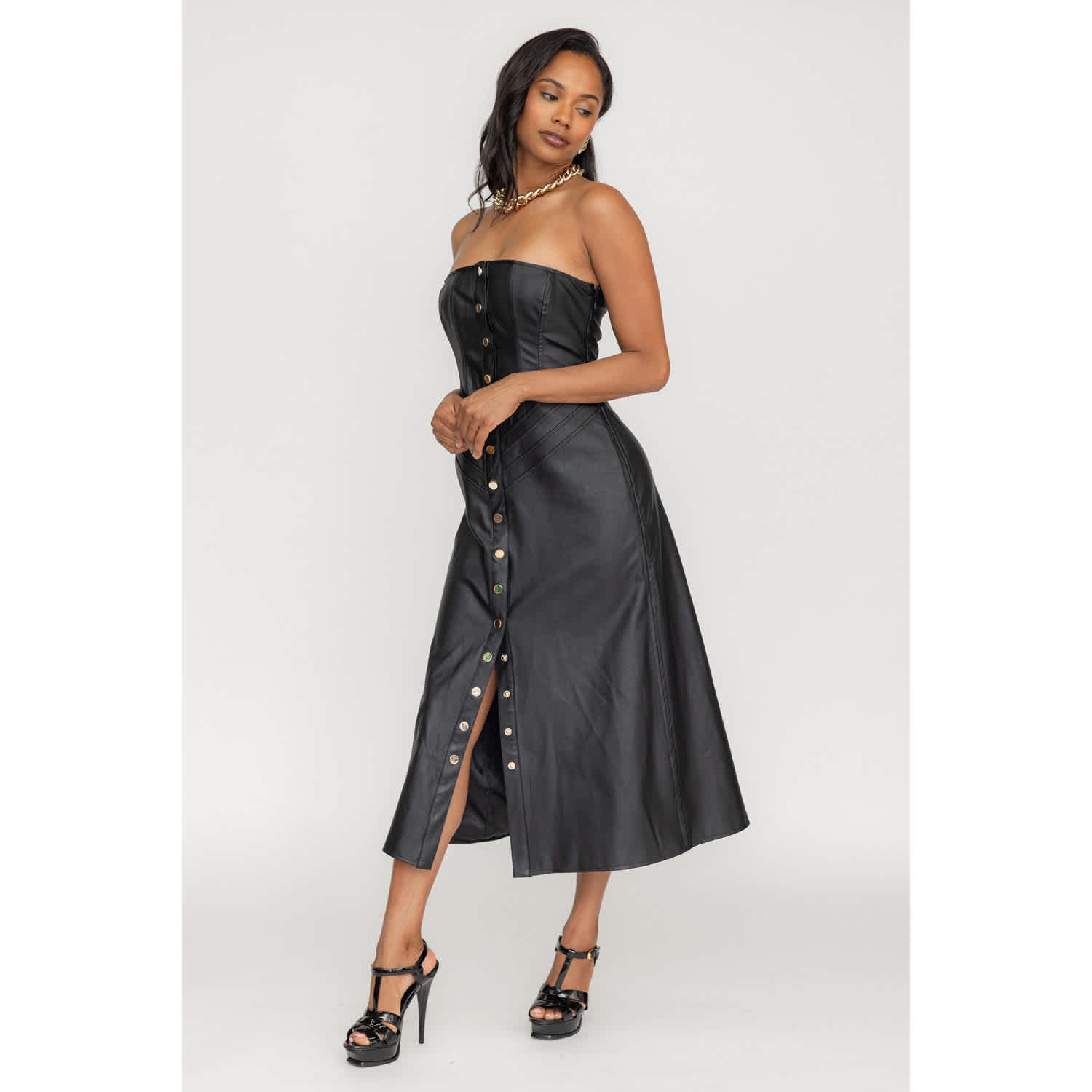 green emerald velvet dress KYLEE FAUX LEATHER STRAPLESS MINI DRESS – MilaGrace Boutique main image 1