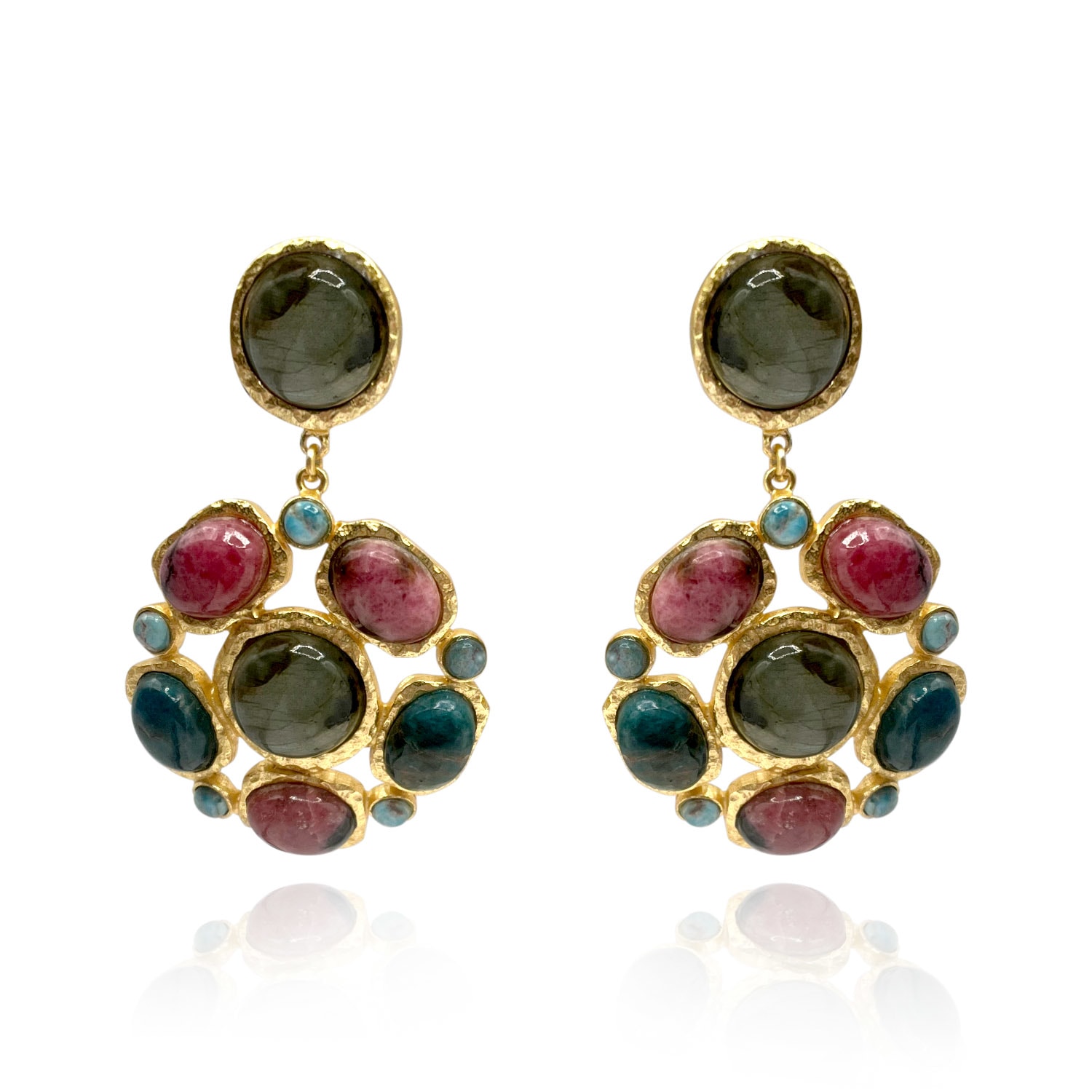 Michael Nash Jewelry Women's Gold Plated Brass Clip On Earrings With Multi Semi Precious Cabochons In Yellow