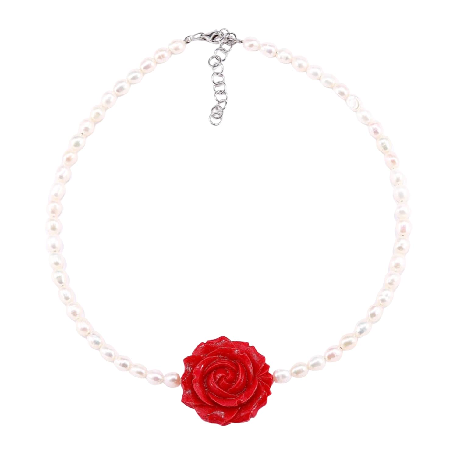 Mineralgems ✩ Studio Women's White / Red Pearl Choker With Rose