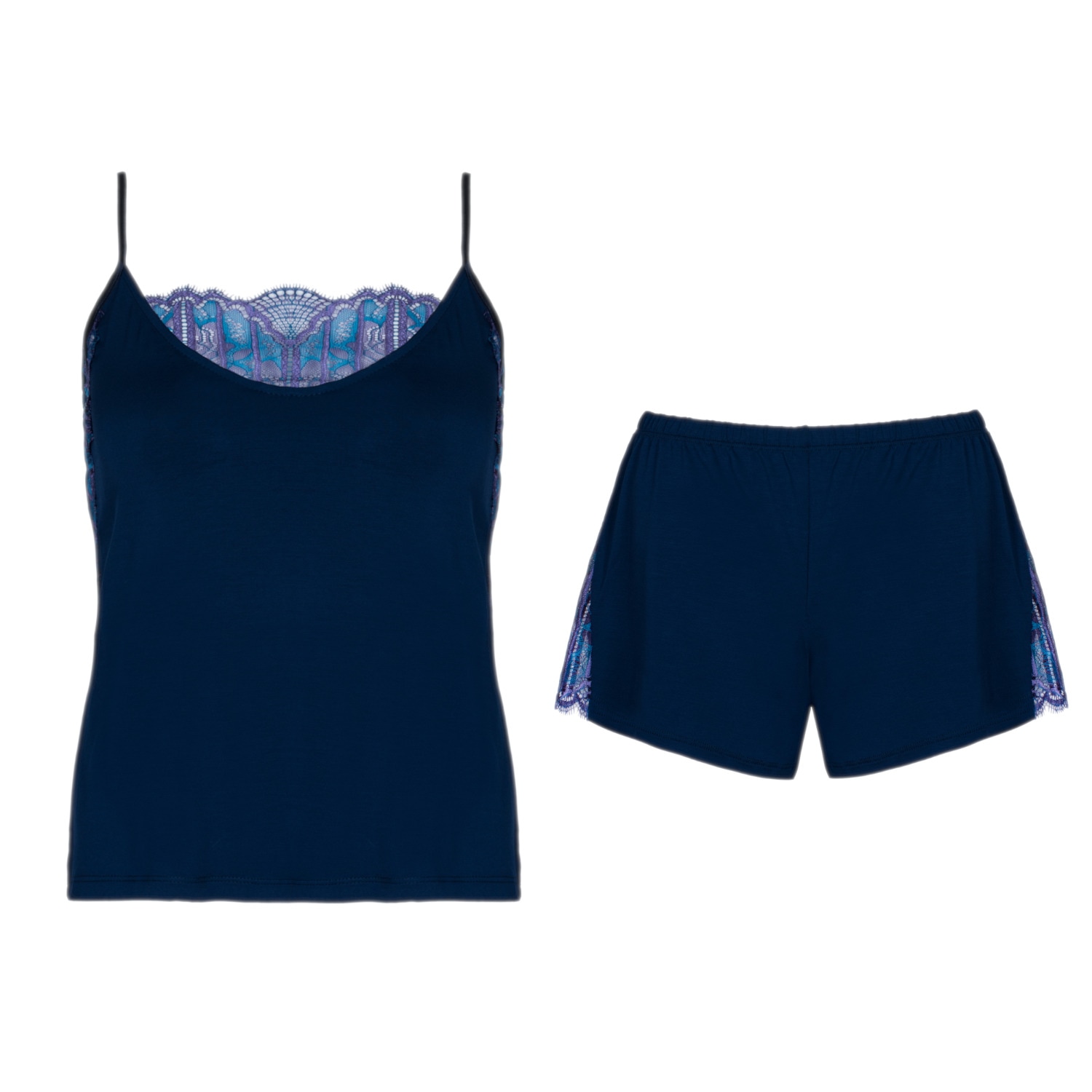 Women’s Pajamas Set Of Camisole & Shorts With Two-Color Lace - Marine Blue Large Oh!Zuza Night & Day